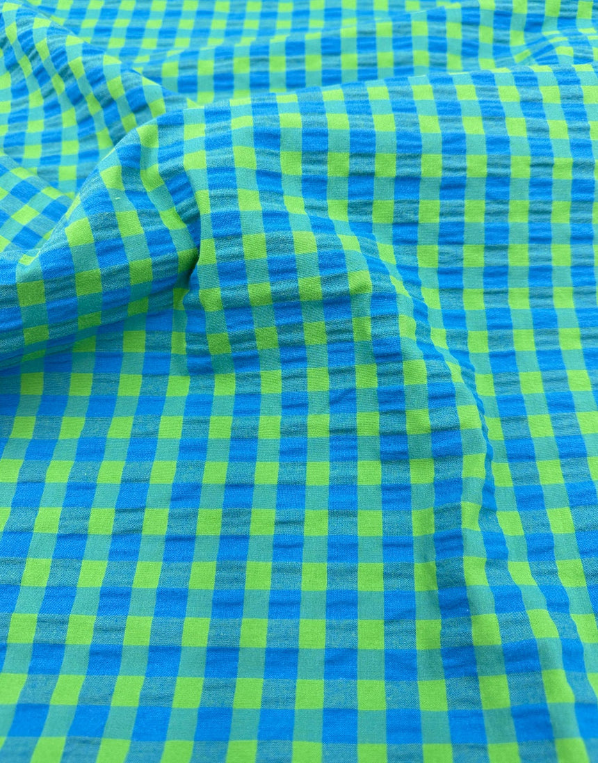 Electric Blue & Lime Seersucker Gingham Cotton Fabric