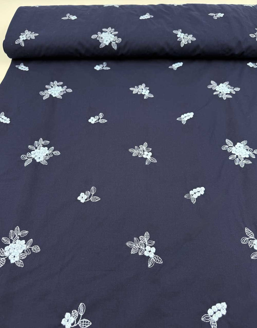 Midnight Sprig Embroidered Cotton Voile Fabric