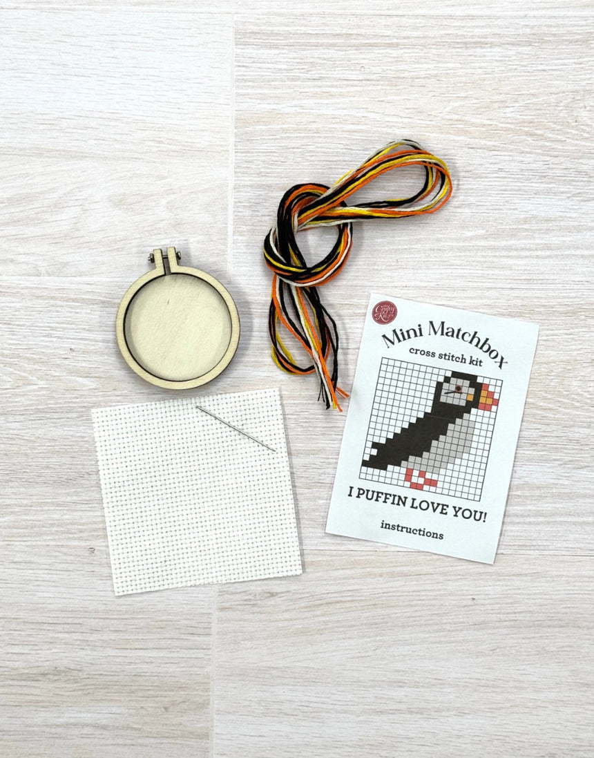 I Puffin Love You! Mini Matchbox Cross Stitch Kit, Crafty Kit Company