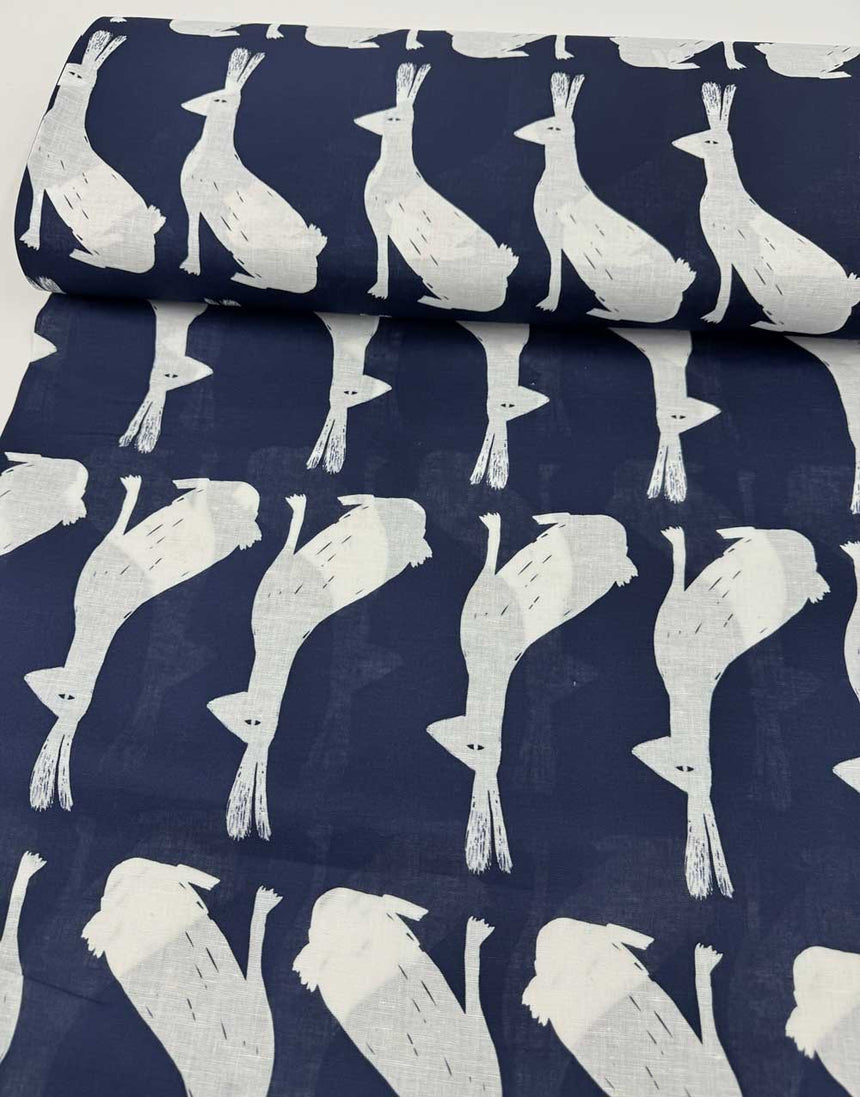 Navy Hare Cotton Linen Fabric, Doops Designs