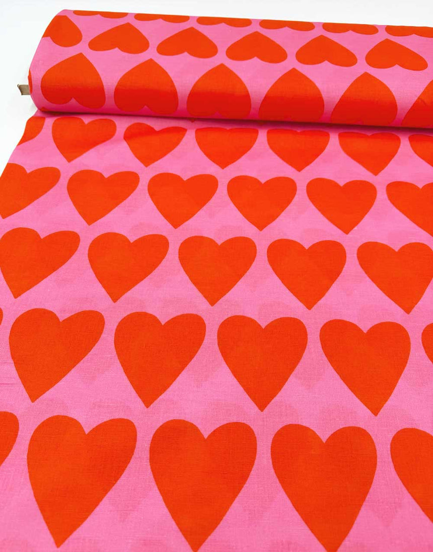 Pink & Red Big Hearts Cotton Linen Fabric, Doops Designs