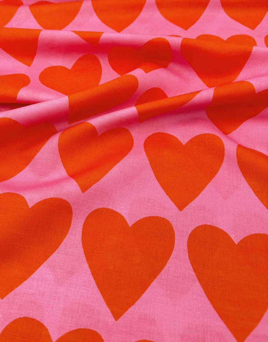 Pink & Red Big Hearts Cotton Linen Fabric, Doops Designs