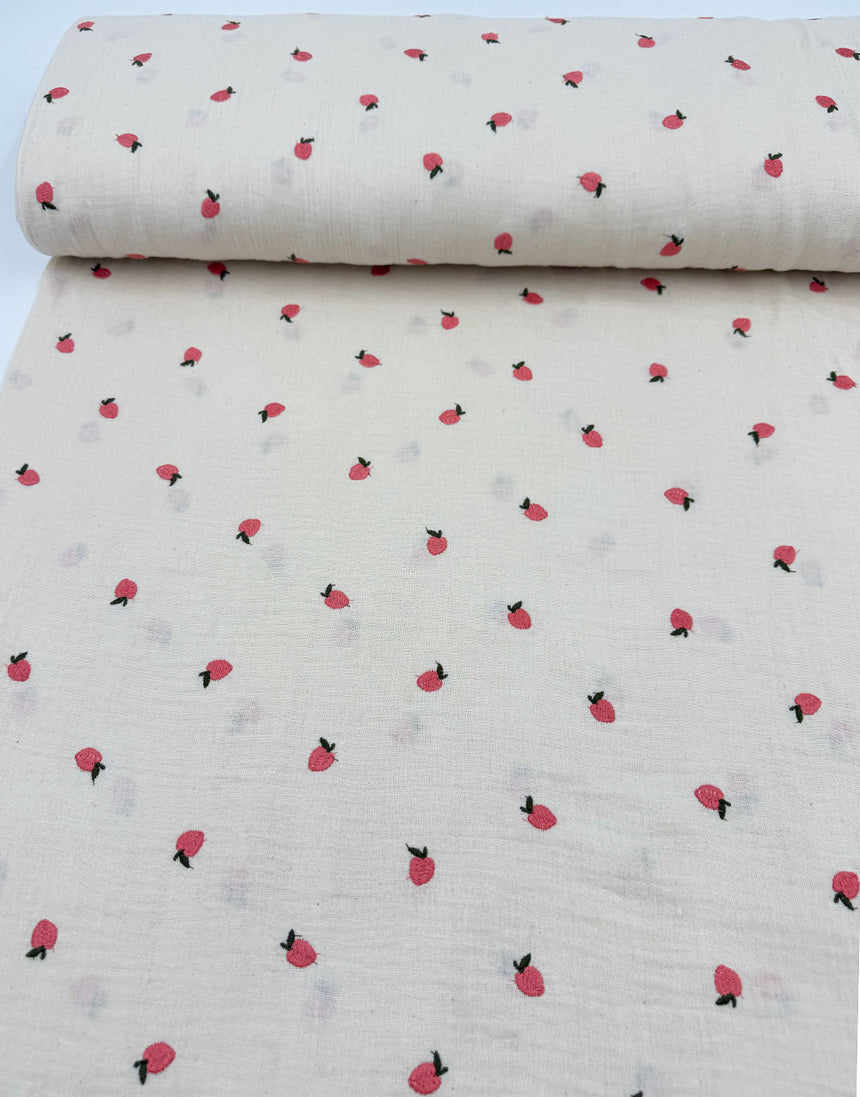 Berry Embroidered Double Gauze Fabric