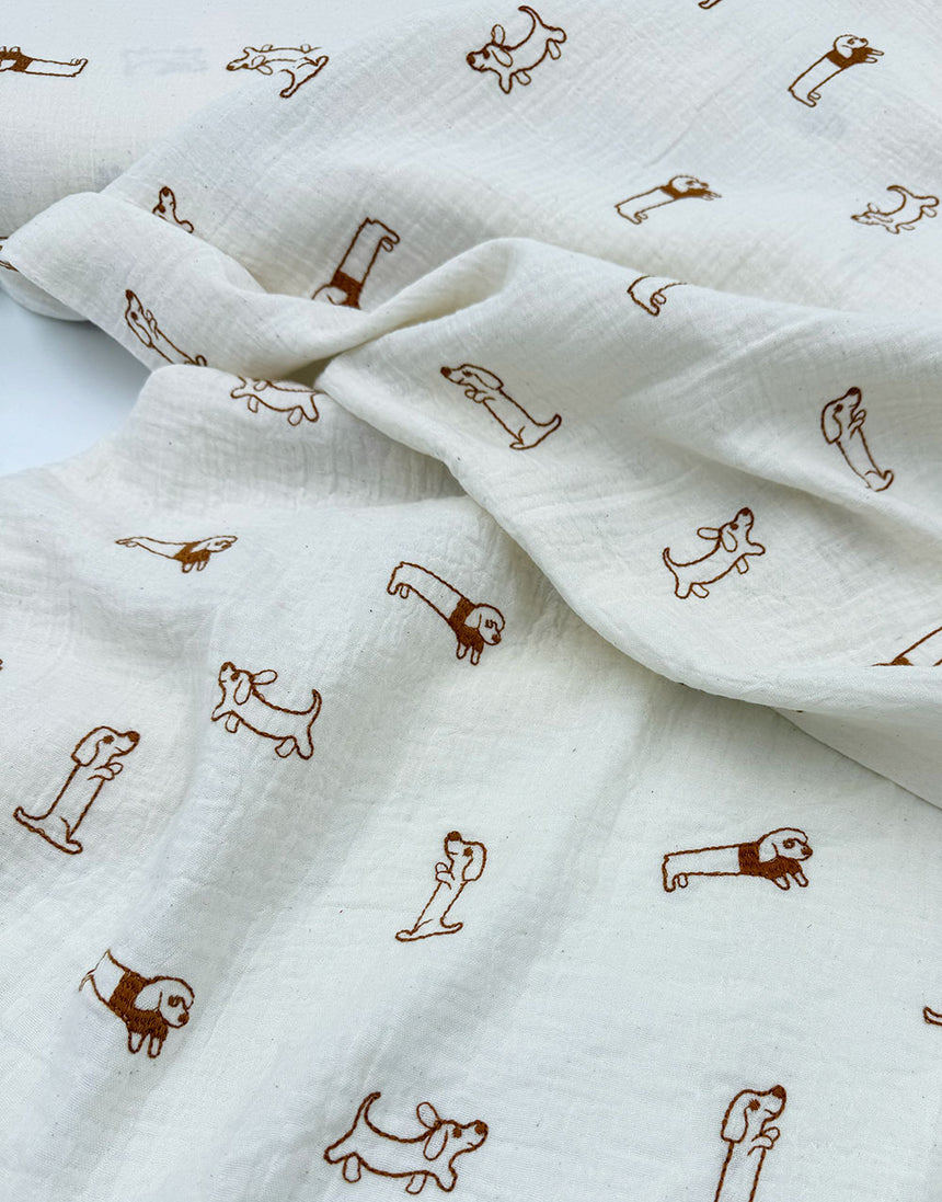 Sausage Dog Parade Embroidered Double Gauze Fabric