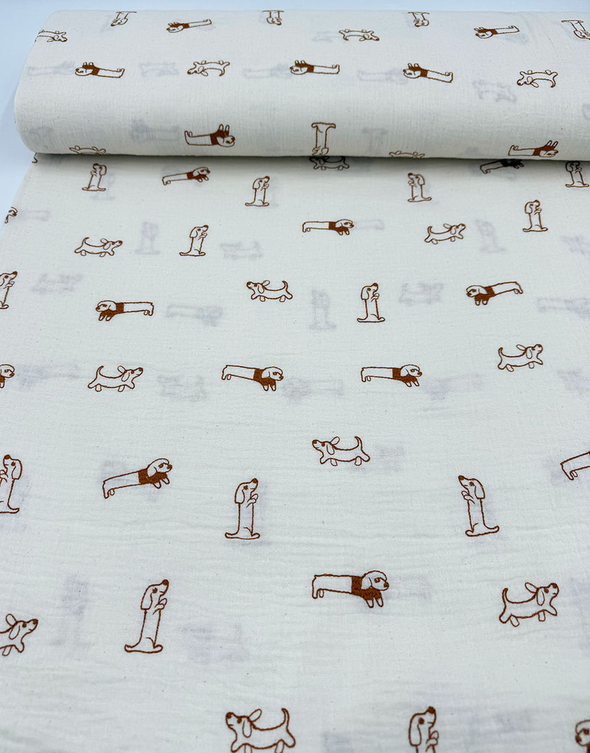 Sausage Dog Parade Embroidered Double Gauze Fabric