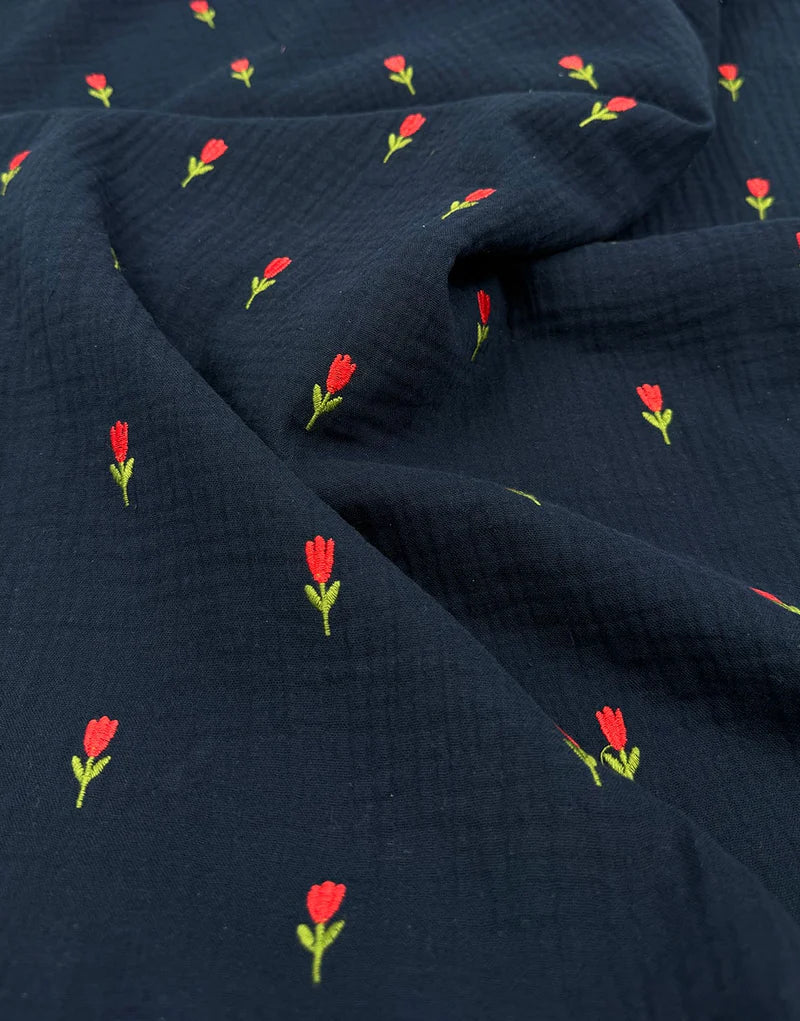 Remnant 1.1m - Tulip Navy Embroidered Cotton Double Gauze Fabric