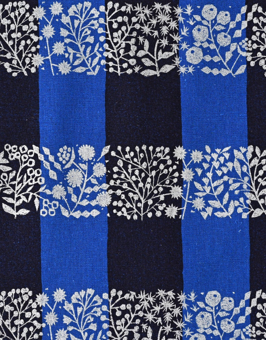Blue Lattice and Metallic Silver Japanese Cotton Linen Fabric, Echino