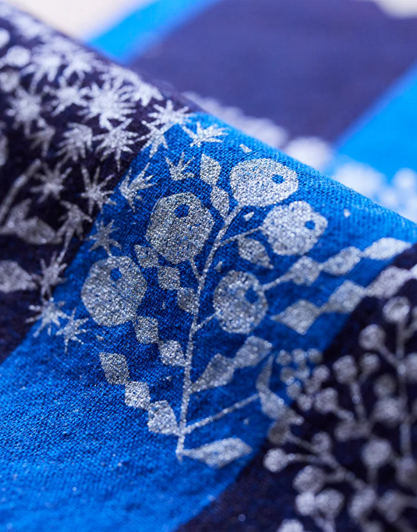 Blue Lattice and Metallic Silver Japanese Cotton Linen Fabric, Echino