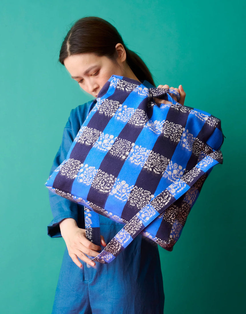 Blue Lattice and Metallic Silver Japanese Cotton Linen Fabric, Echino
