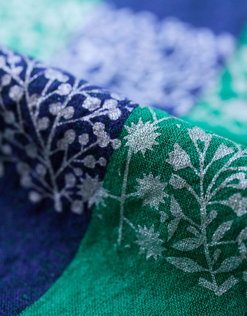 Green Lattice and Metallic Silver Japanese Cotton Linen Fabric, Echino