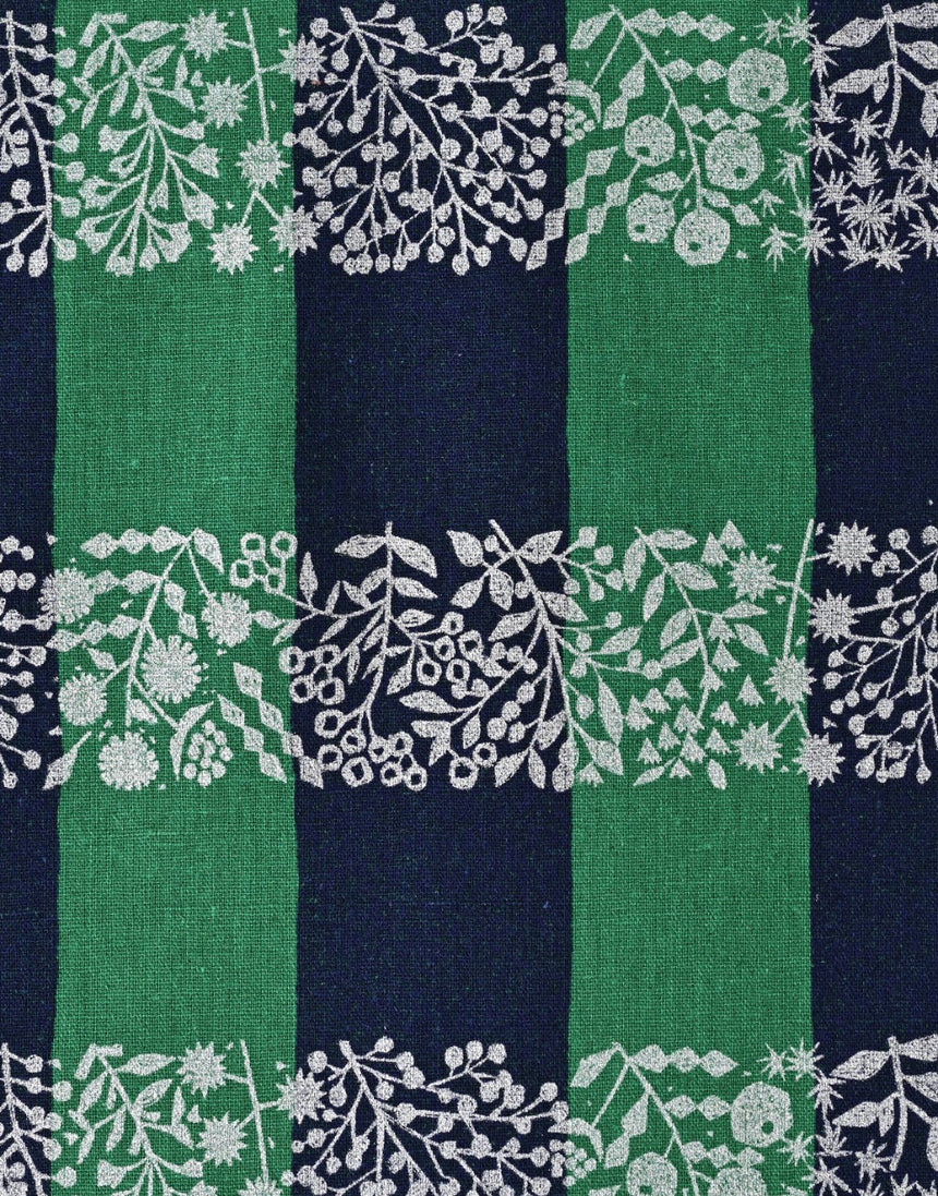 Green Lattice and Metallic Silver Japanese Cotton Linen Fabric, Echino