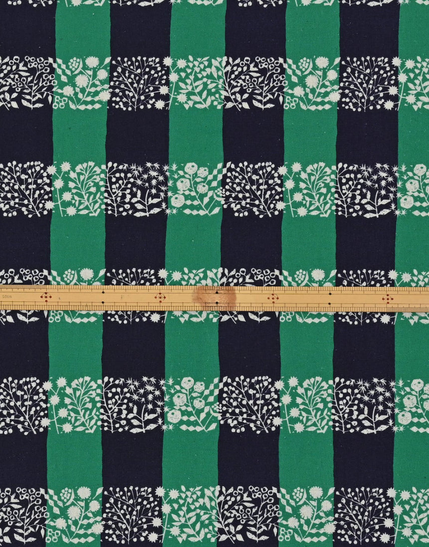 Green Lattice and Metallic Silver Japanese Cotton Linen Fabric, Echino