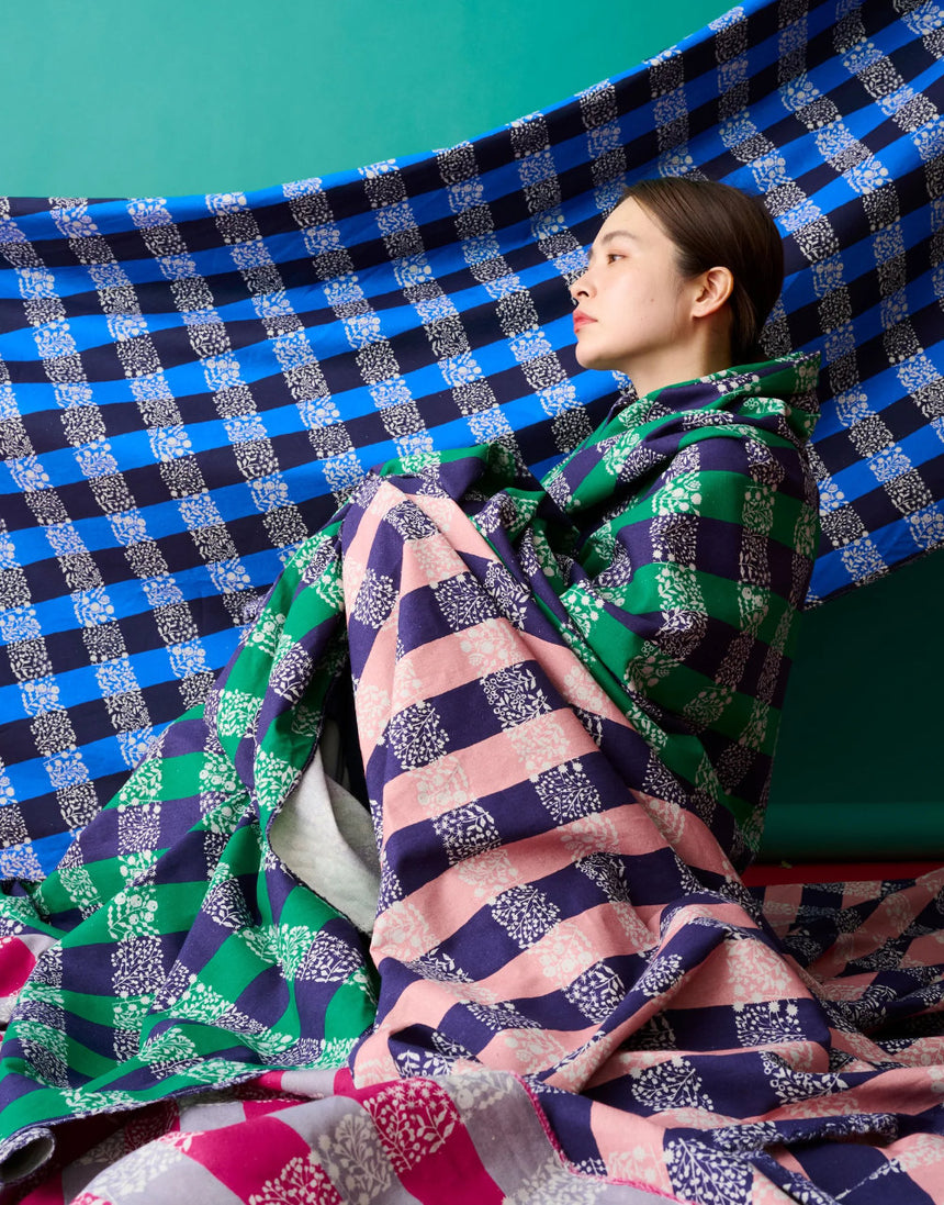 Green Lattice and Metallic Silver Japanese Cotton Linen Fabric, Echino