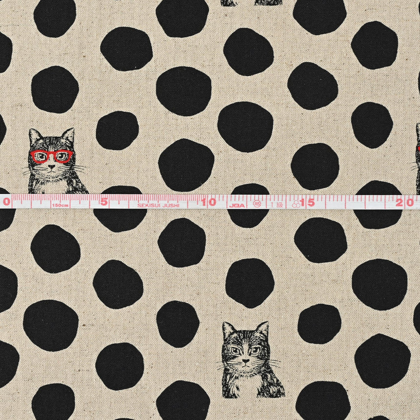 Black & Natural NekoNoe Cat Dot Japanese Cotton Linen Fabric, Echino