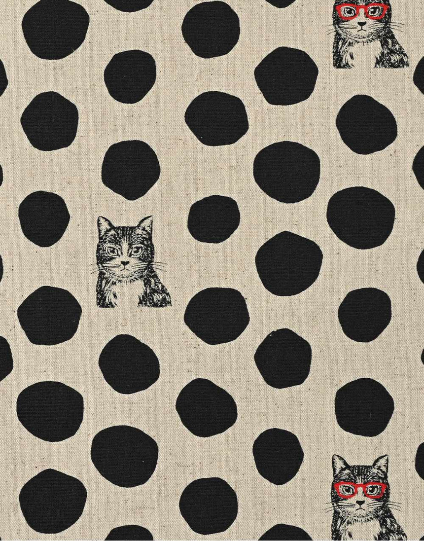 Black & Natural NekoNoe Cat Dot Japanese Cotton Linen Fabric, Echino