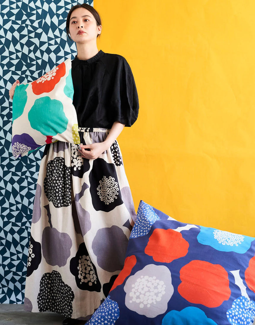 Echino Cloud Flower Cotton Linen Canvas Fabric, Navy & Red