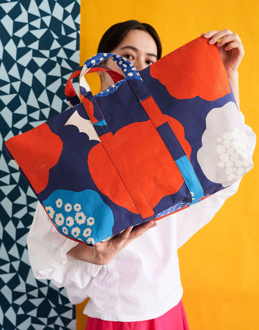 Echino Cloud Flower Cotton Linen Canvas Fabric, Navy & Red