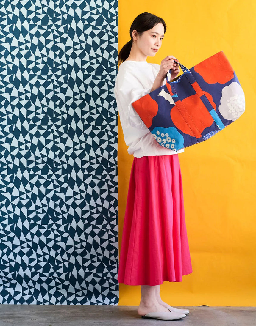 Echino Cloud Flower Cotton Linen Canvas Fabric, Navy & Red