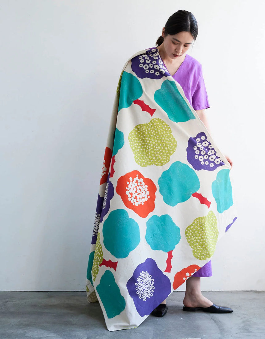 Echino Cloud Flower Cotton Linen Canvas Fabric, Natural with Brights