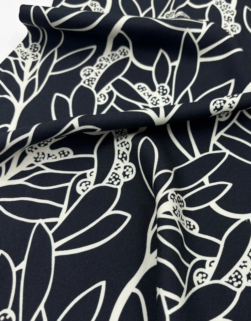 Remnant 1.15m - Black & Cream Leafscape Light & Lush Viscose Fabric