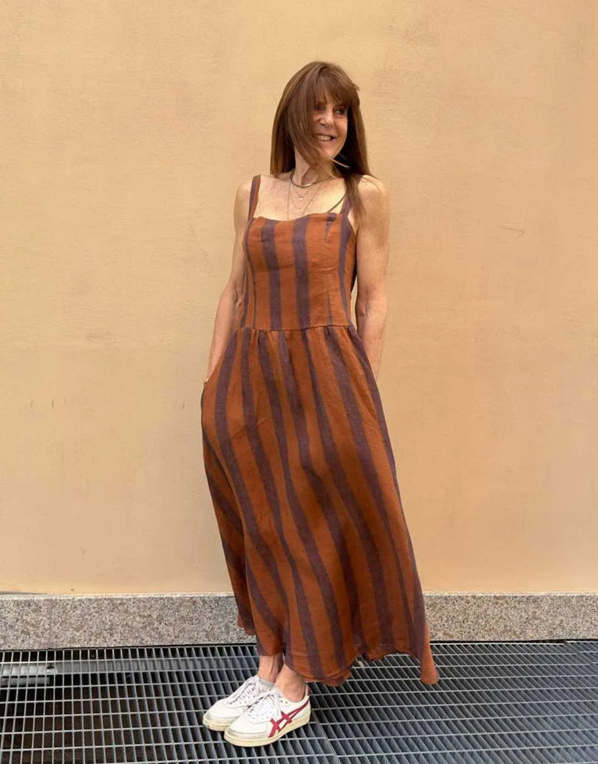 Napoli Linen Broad Stripe Fabric, Orange & Plum