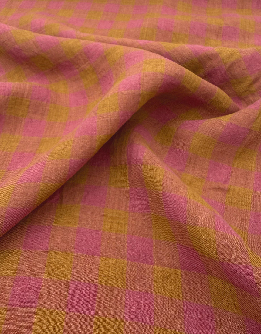 Tropea Washed Linen Check Fabric, Ochre & Pink
