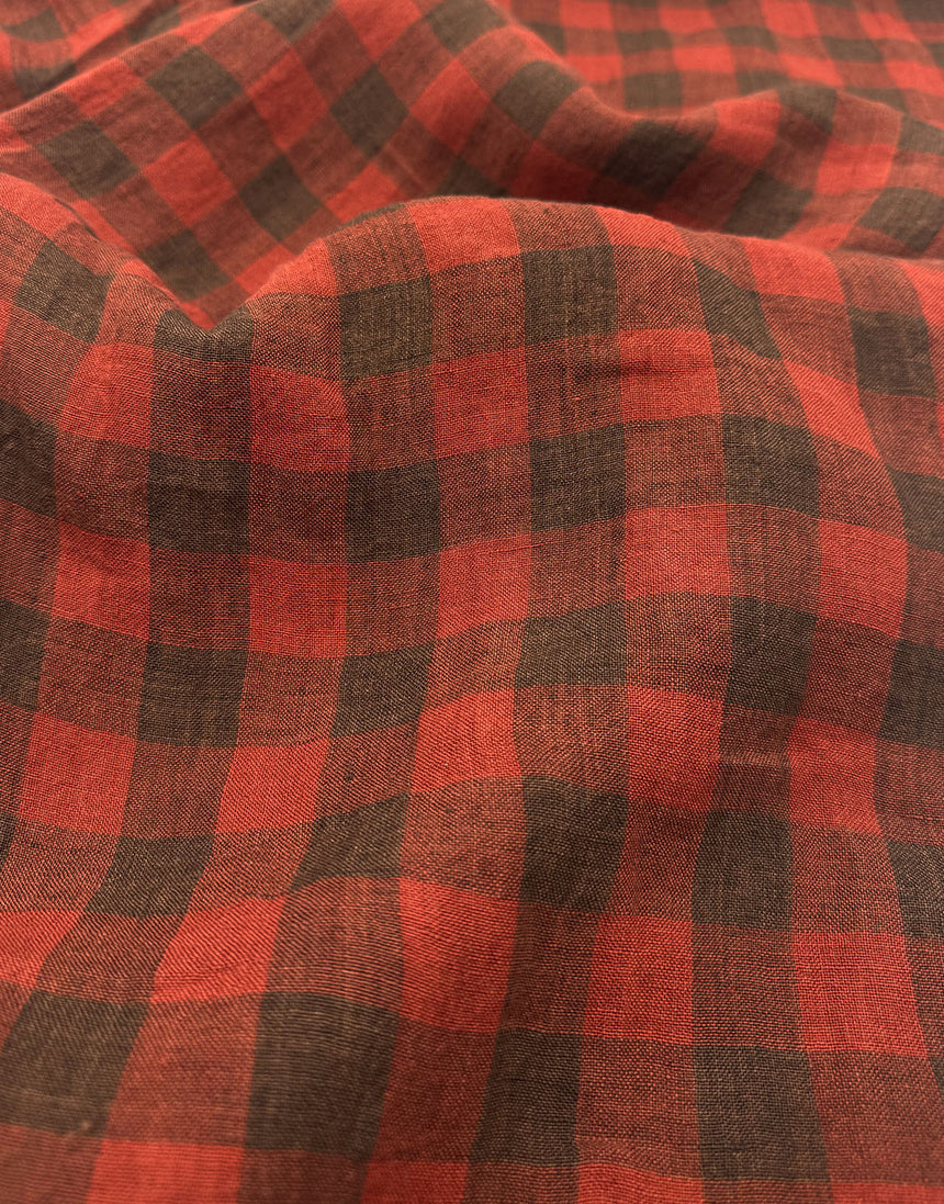 Tropea Washed Linen Check Fabric, Tobacco & Red