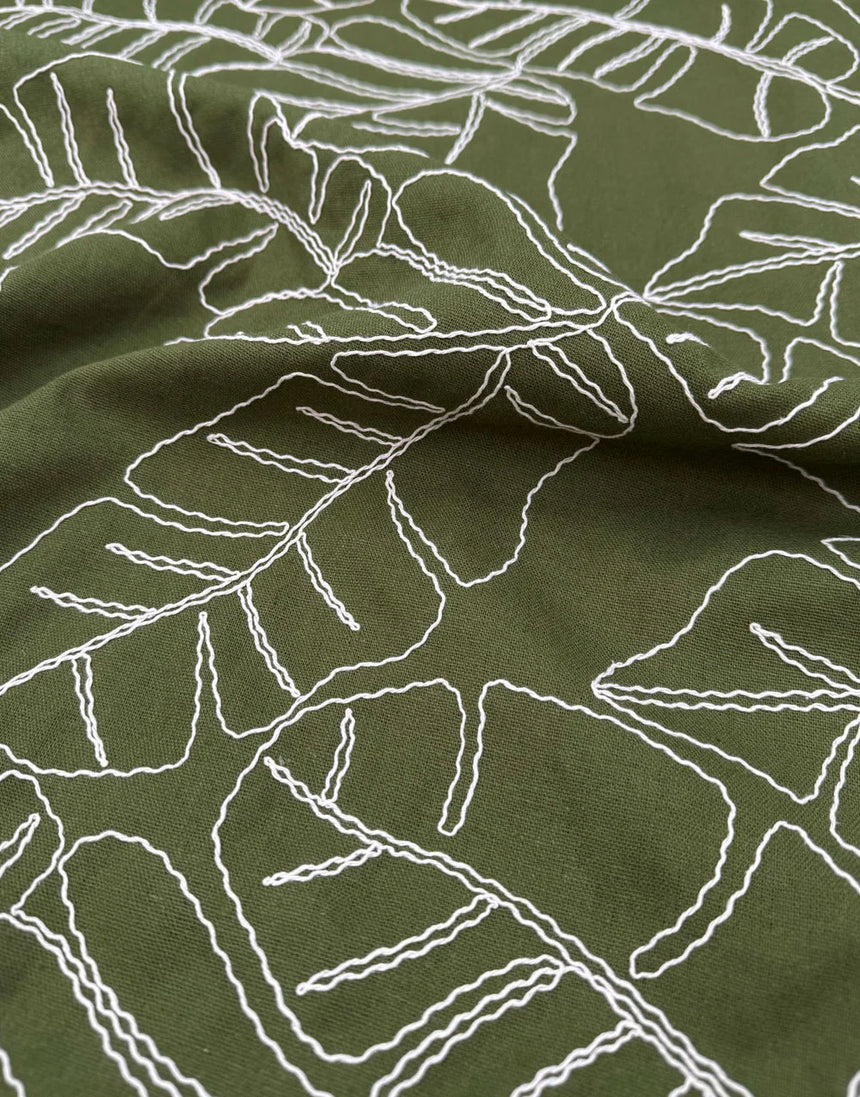 Remnant 2m - Olive Linework Embroidered Linen Viscose Fabric