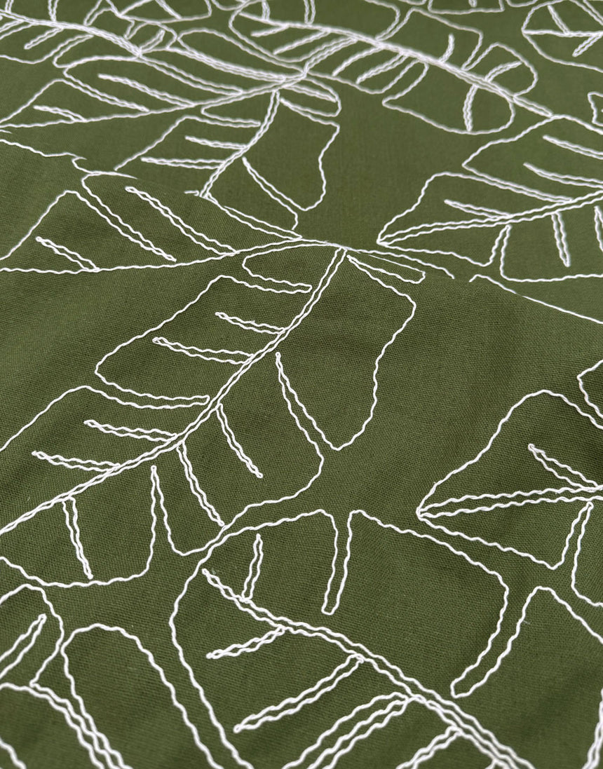 Olive Linework Embroidered Linen Viscose Fabric