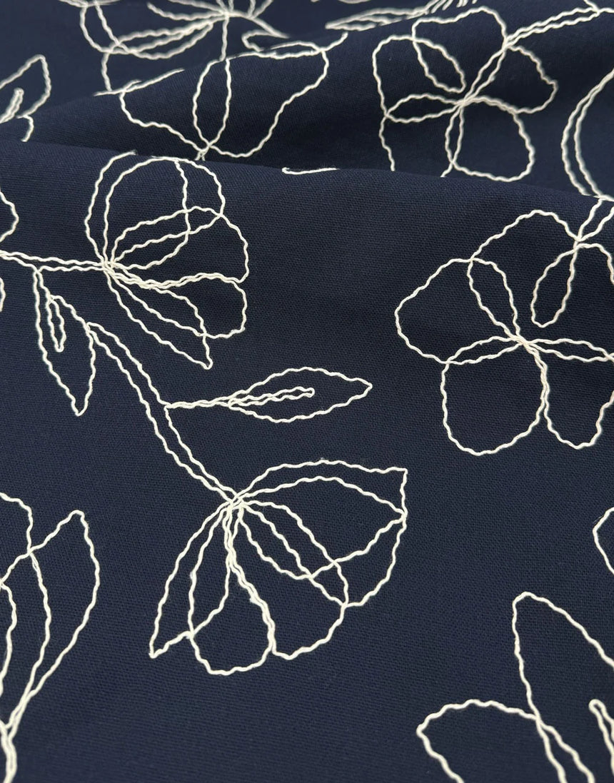Remnant 2.2m - Navy Linework Embroidered Linen Viscose Fabric