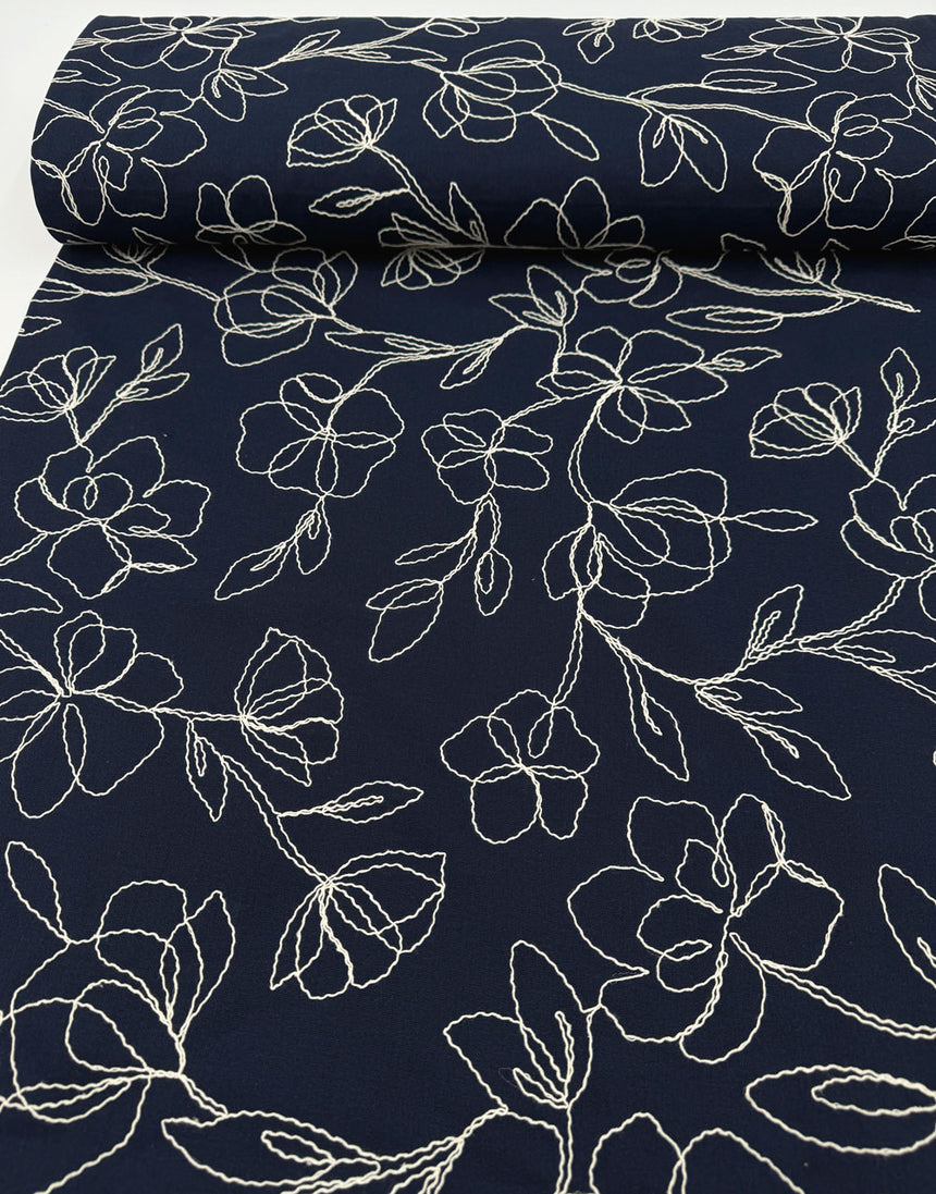 Navy Linework Embroidered Linen Viscose Fabric