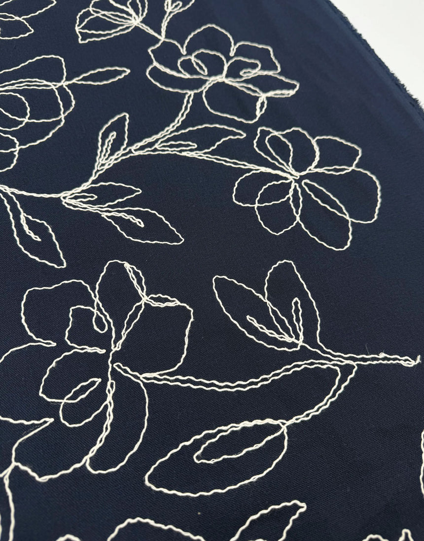 Navy Linework Embroidered Linen Viscose Fabric