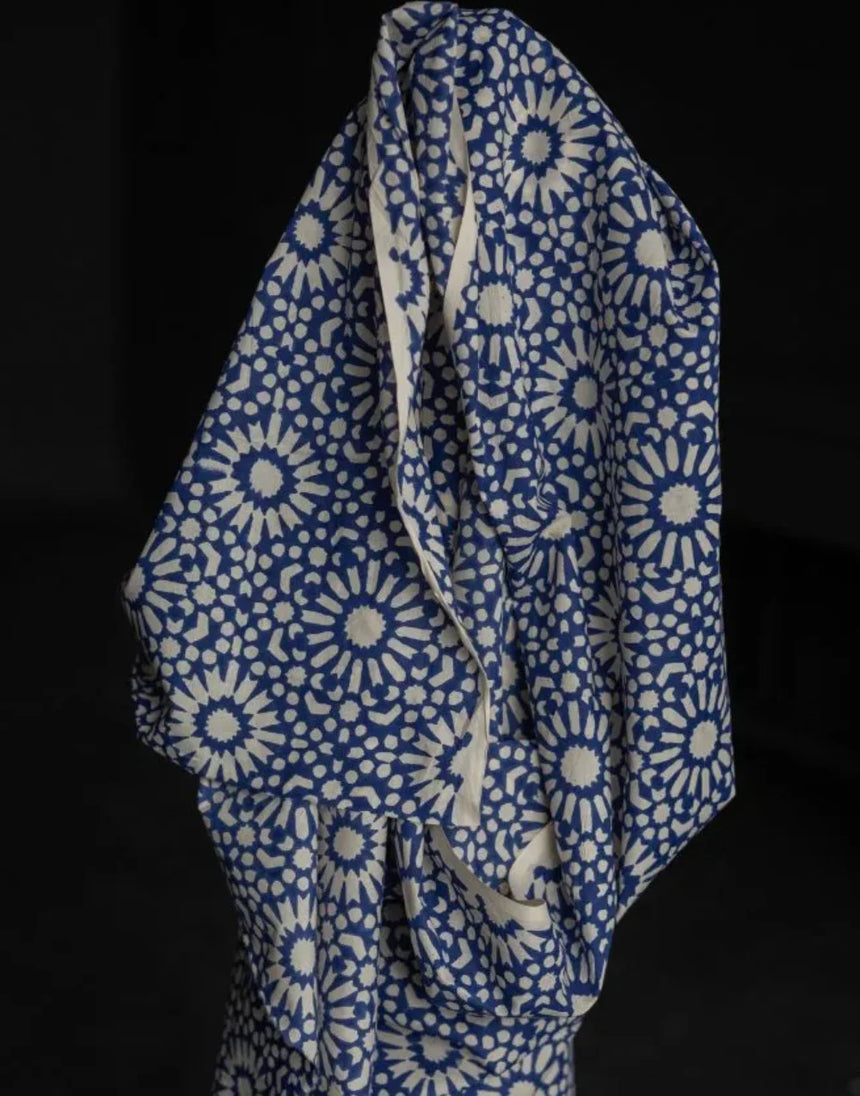 Remnant 1.55m - Cobalt Blue Papercut Indian Block Print Cotton Fabric