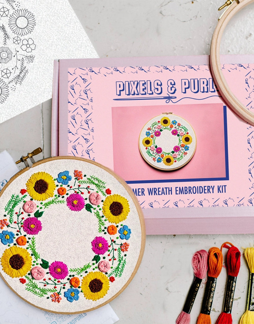 Summer Wreath Embroidery Kit, Pixels & Purls
