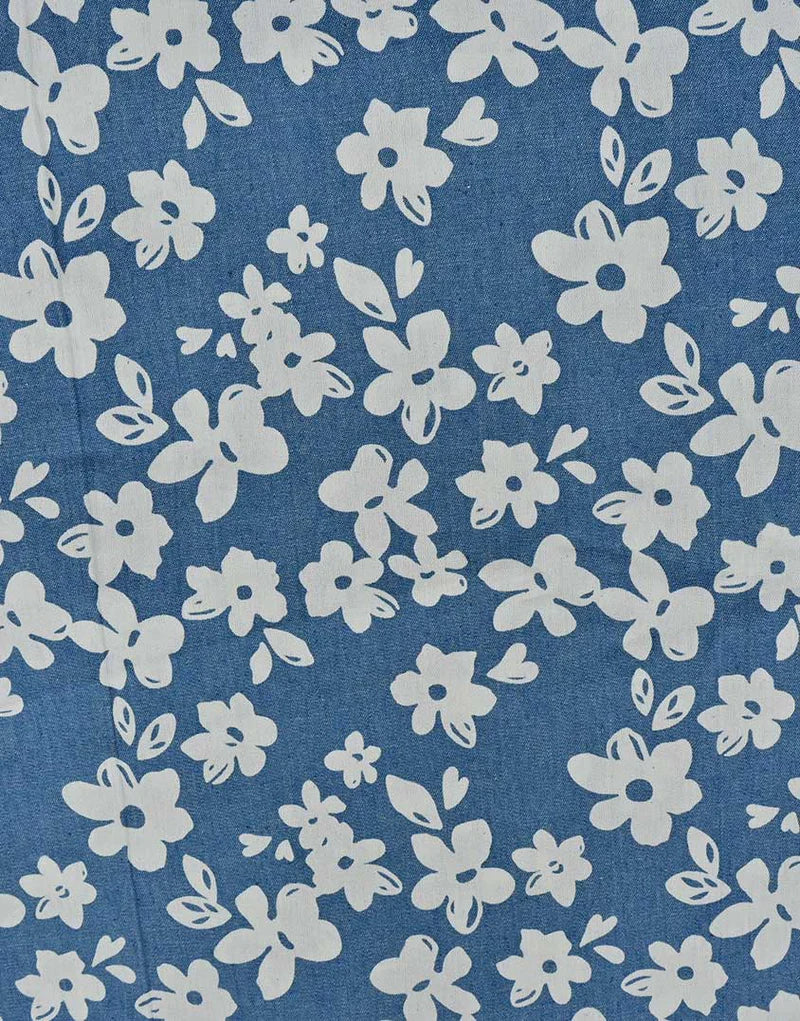 Remnant 1.2m -Flowers Jeans Blue Printed Denim Chambray Fabric