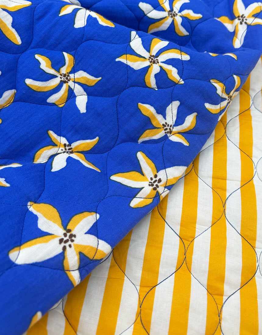 Electric Blue Daisy & Lemon Stripe Reversible Quilted Cotton Fabric