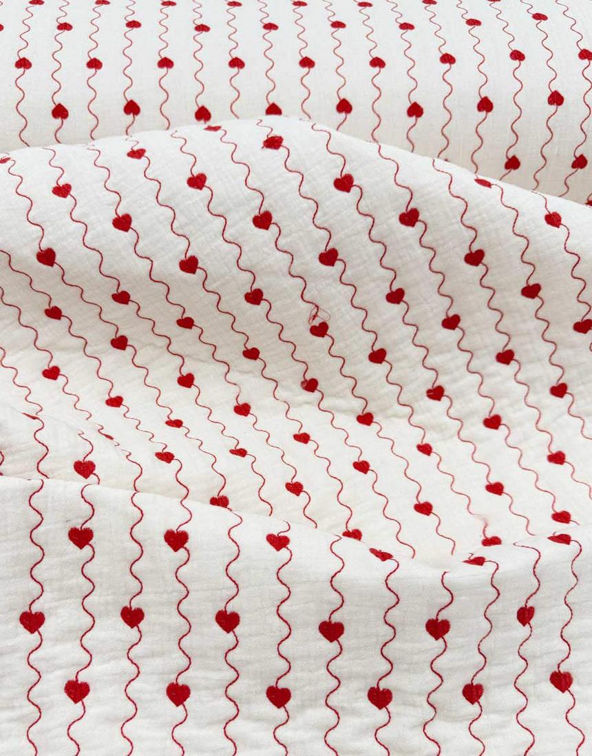 Heart Trail Embroidered Quilted Double Gauze Fabric