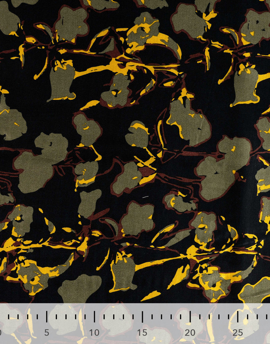 Khaki Bloom Rayon Spun Satin Fabric