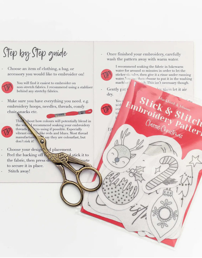 Classic Christmas Stick & Stitch Embroidery Patterns, Blackbird & Bloom