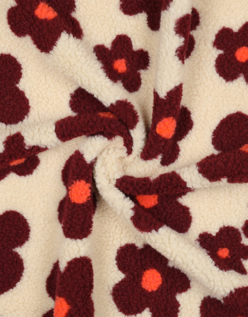 Cream & Garnet Groovy Bloom Teddy Fleece Fabric