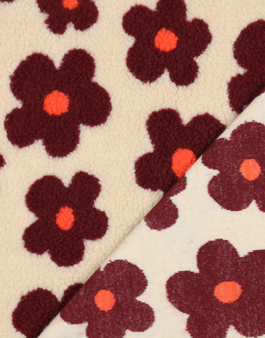 Cream & Garnet Groovy Bloom Teddy Fleece Fabric