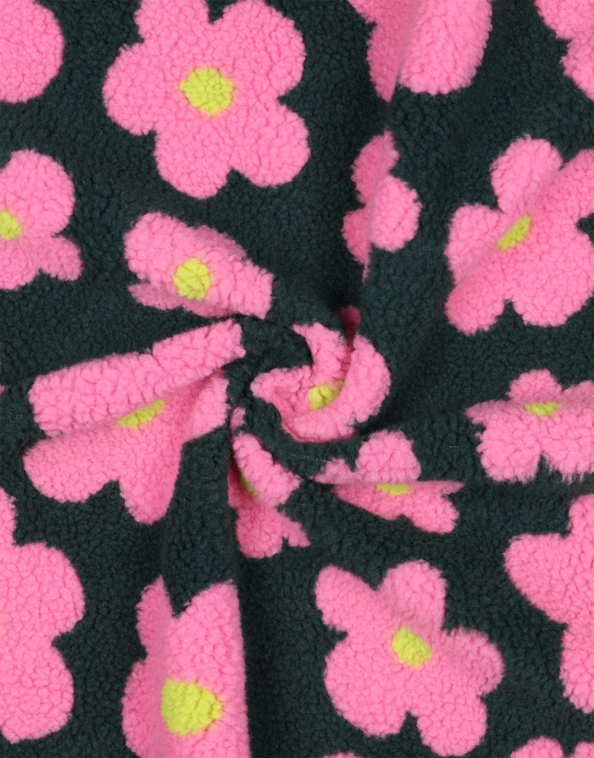 Green & Pink Groovy Bloom Teddy Fleece Fabric