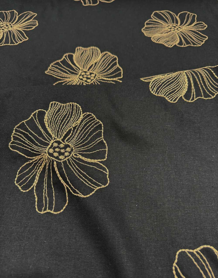 Black Linework Floral Linen Viscose Fabric