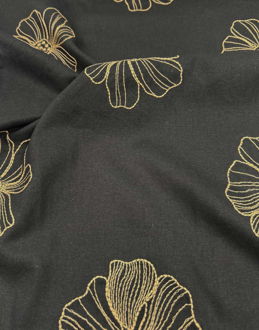 Black Linework Floral Linen Viscose Fabric
