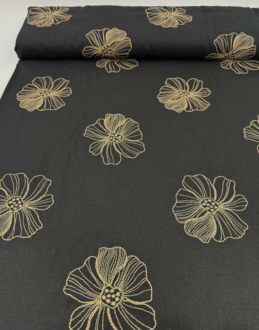 Black Linework Floral Linen Viscose Fabric