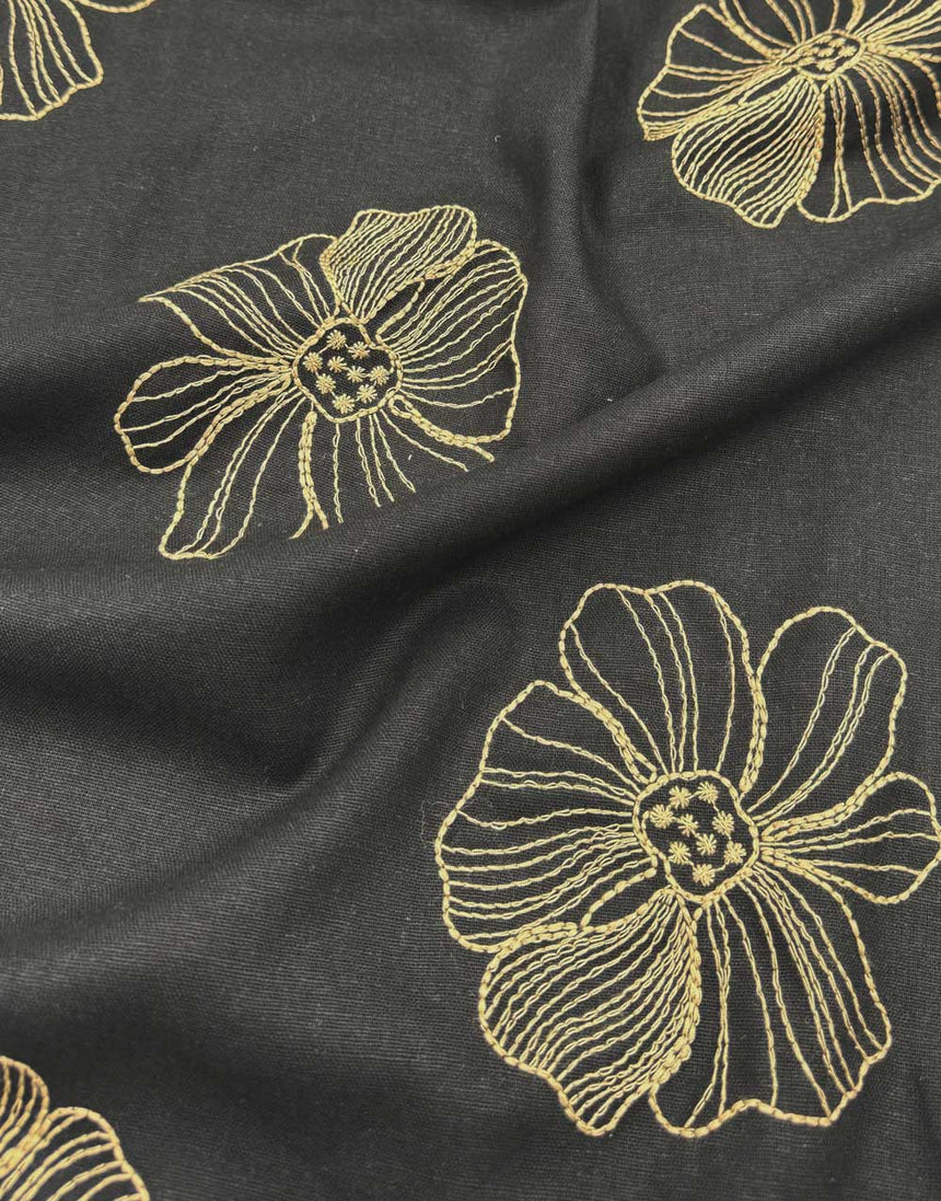 Black Linework Floral Linen Viscose Fabric