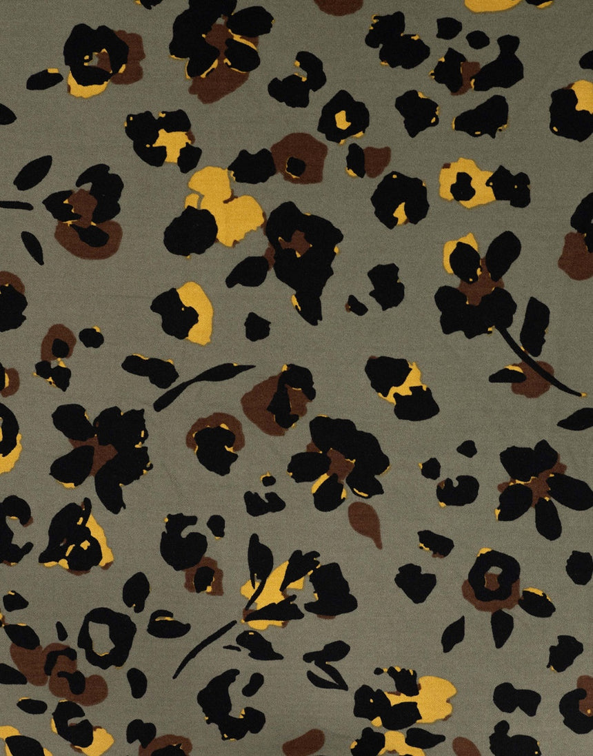 Khaki Bloom Leopard Viscose Twill Fabric
