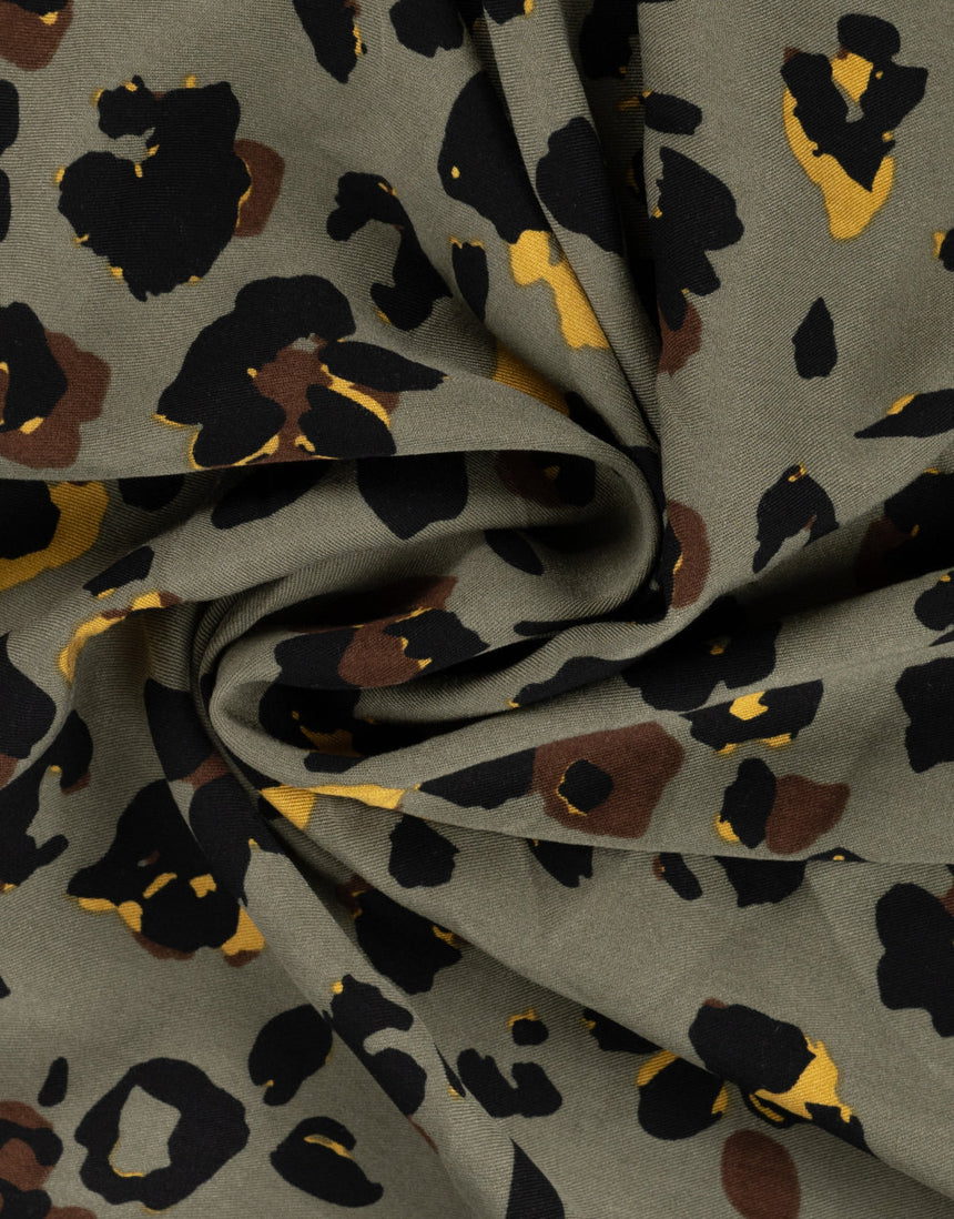 Khaki Bloom Leopard Viscose Twill Fabric