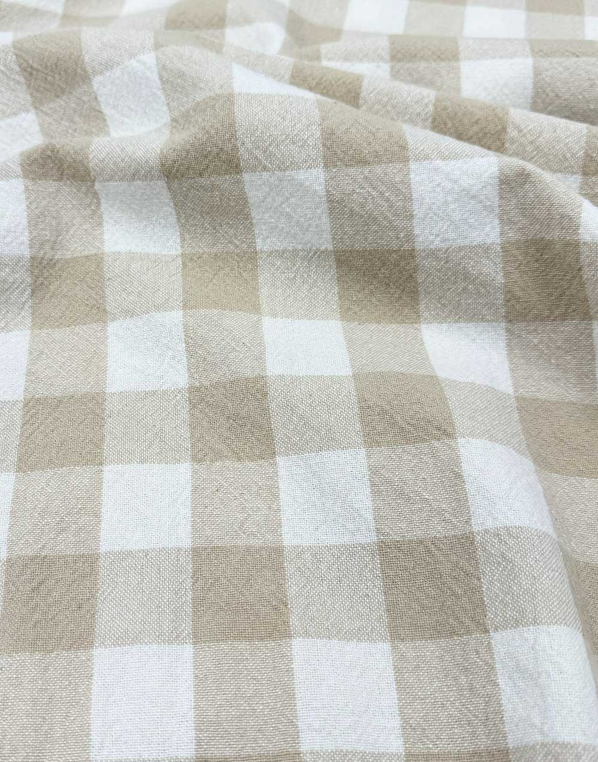 Beige Woven Checkered Organic Cotton Fabric