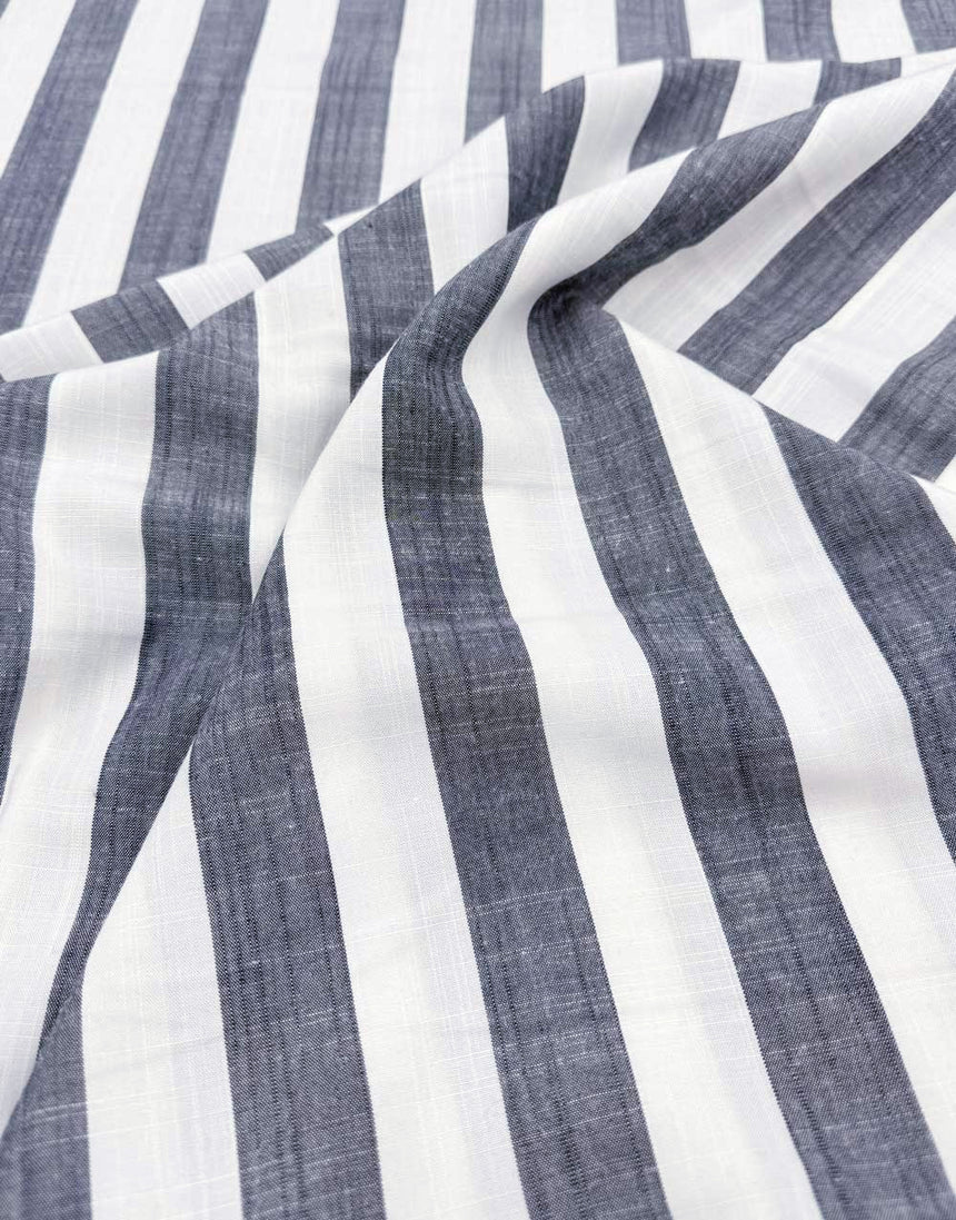Wide Stripe Dark Navy Yarn Dyed Viscose Fabric